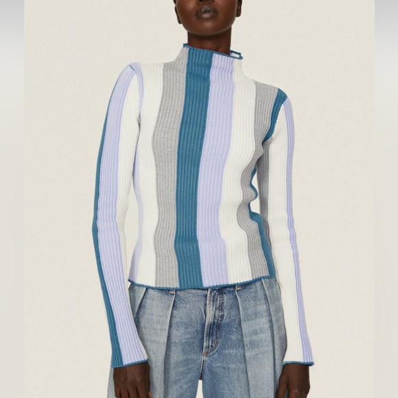 Love, Whit by Whitney Port Elegant Blue Striped Turtleneck Sweater - Picture 2 of 6